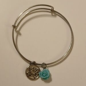 Blue Rose Flower Floral Charm Silver Tone Slip-On Bracelet